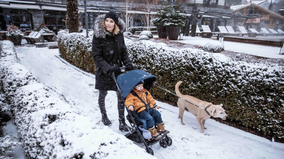 little boy wearing a yellow coat sitting in a stroller taking a walk in the snow next to dog