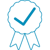 An icon of a blue ribbon with a checkmark on it