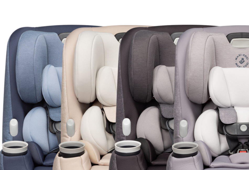 pria car seats in blue, pink, black, and grey