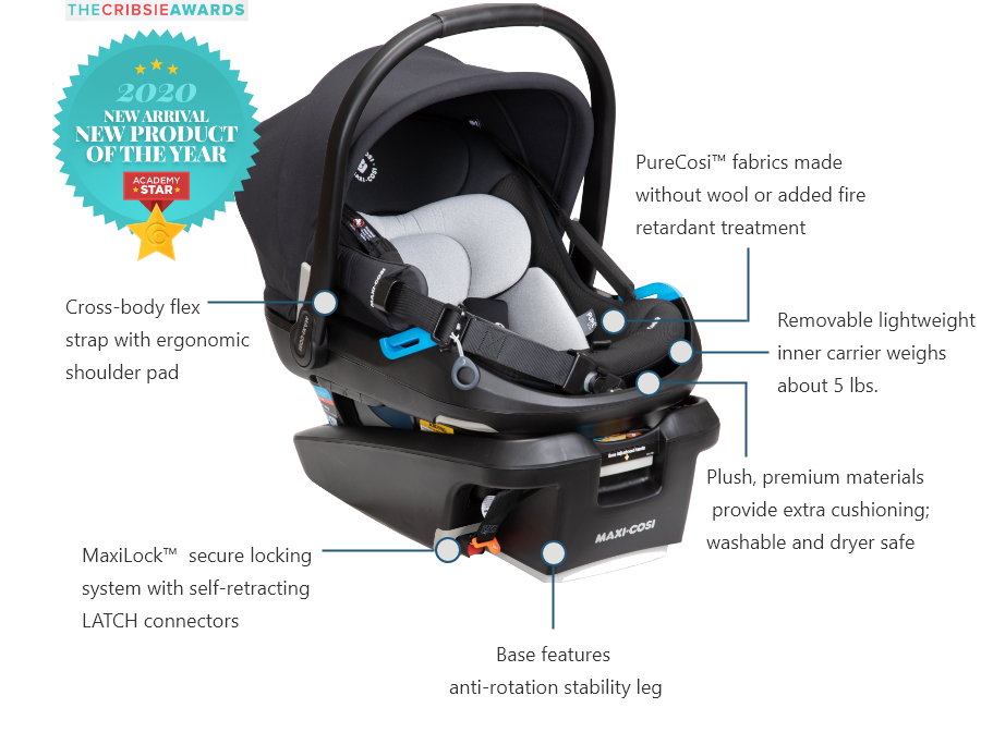 diagram of coral xp infant car seat features: 2020 cribsi award new product of the year, cross body flex strap, MaxiLock secure locking system, PureCosi fabrics, lightweight inner carrier, premium materials, and anti-rotation stability leg 