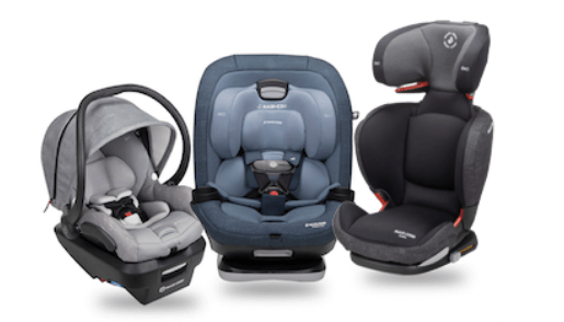 One gray, one blue, and one black car seat standing next to each other